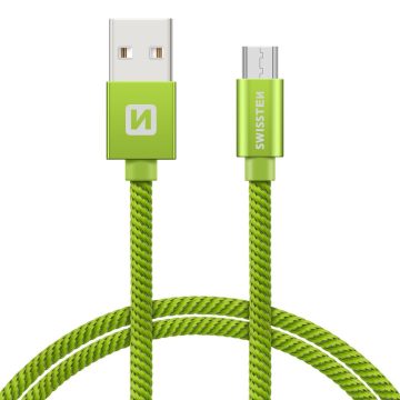   Swissten adat- és töltőkábel textil bevonattal, USB/mikro USB, 1,2 m zöld