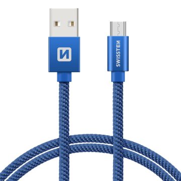   Swissten adat- és töltőkábel textil bevonattal, USB/mikro USB, 1,2 m kék