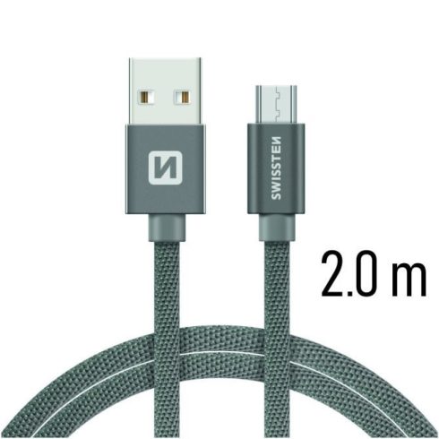 Swissten adat- és töltőkábel textil bevonattal, USB/mikro USB, 2 m szürke