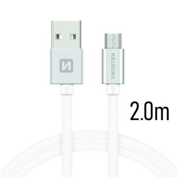   Swissten adat- és töltőkábel textil bevonattal, USB/mikro USB, 2 m ezüst/fehér