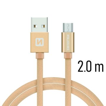   Swissten adat- és töltőkábel textil bevonattal, USB/mikro USB, 2 m arany