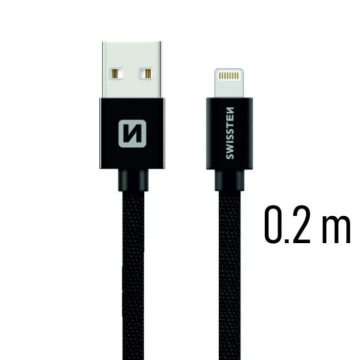   Swissten adat- és töltőkábel textil bevonattal, USB/lightning, 0,2 m fekete