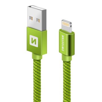   Swissten adat- és töltőkábel textil bevonattal, USB/lightning, 0,2 m zöld