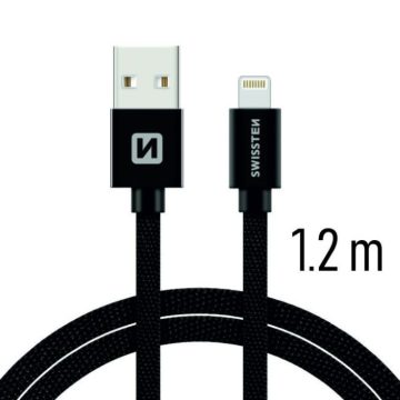   Swissten adat- és töltőkábel textil bevonattal, USB/lightning, 1,2 m fekete