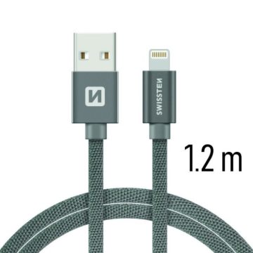   Swissten adat- és töltőkábel textil bevonattal, USB/lightning, 1,2 m szürke