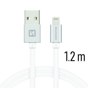   Swissten adat- és töltőkábel textil bevonattal, USB/lightning, 1,2 m ezüst/fehér