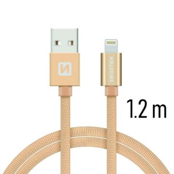   Swissten adat- és töltőkábel textil bevonattal, USB/lightning, 1,2 m arany