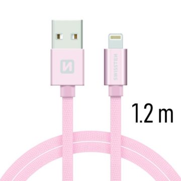   Swissten adat- és töltőkábel textil bevonattal, USB/lightning, 1,2 m rozé arany