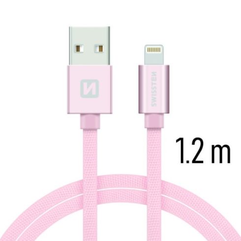 Swissten adat- és töltőkábel textil bevonattal, USB/lightning, 1,2 m rozé arany