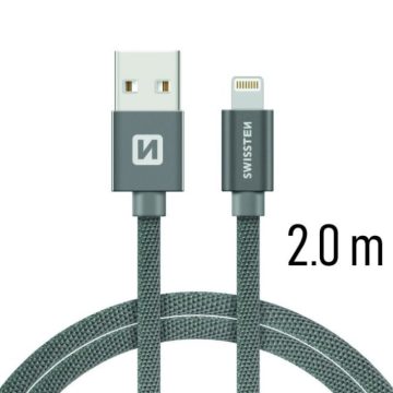   Swissten adat- és töltőkábel textil bevonattal, USB/lightning, 2 m szürke