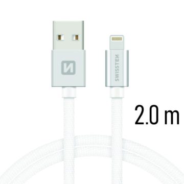   Swissten adat- és töltőkábel textil bevonattal, USB/lightning, 2 m ezüst/fehér