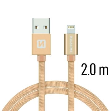   Swissten adat- és töltőkábel textil bevonattal, USB/lightning, 2 m arany