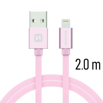   Swissten adat- és töltőkábel textil bevonattal, USB/lightning, 2 m rozé arany