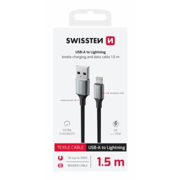   Swissten fonott textil adat- és töltőkábel USB/lightning, 1,5m, fekete