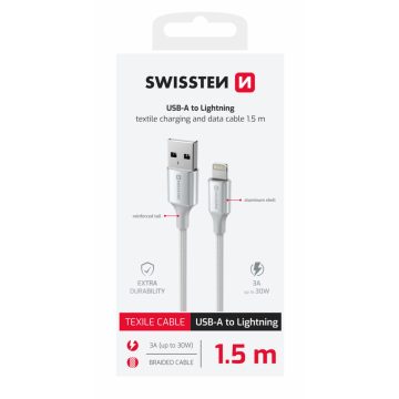   Swissten fonott textil adat- és töltőkábel USB/lightning, 1,5m, fehér