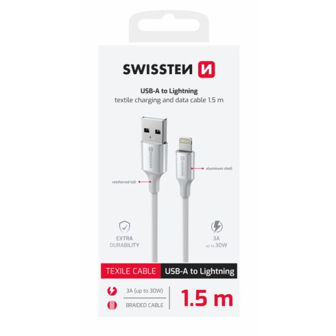 Swissten fonott textil adat- és töltőkábel USB/lightning, 1,5m, fehér