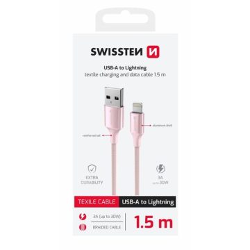   Swissten fonott textil adat- és töltőkábel USB/lightning, 1,5m, rózsaszín