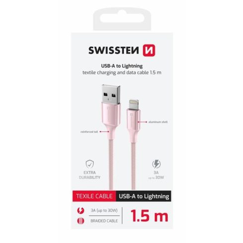 Swissten fonott textil adat- és töltőkábel USB/lightning, 1,5m, rózsaszín