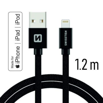   Swissten adat- és töltőkábel textil bevonattal, USB/lightning MFI, 1,2 m fekete