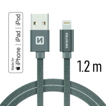   Swissten adat- és töltőkábel textil bevonattal, USB/lightning MFI, 1,2 m szürke