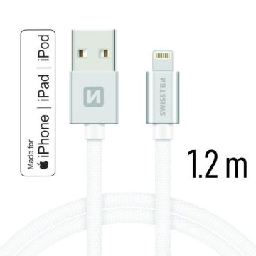   Swissten adat- és töltőkábel textil bevonattal, USB/lightning MFI, 1,2 m ezüst/fehér