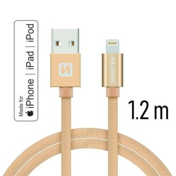   Swissten adat- és töltőkábel textil bevonattal, USB/lightning MFI, 1,2 m arany