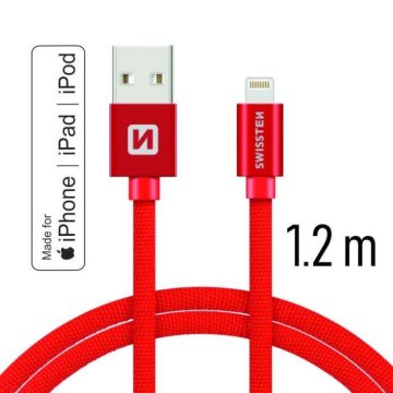   Swissten adat- és töltőkábel textil bevonattal, USB/lightning MFI, 1,2 m piros