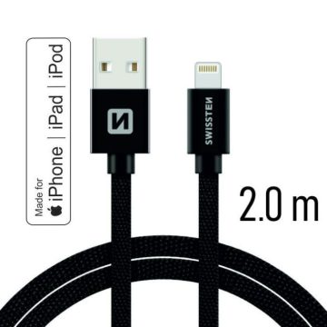   Swissten adat- és töltőkábel textil bevonattal, USB/lightning MFI, 2 m fekete