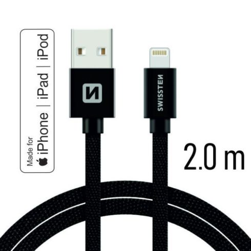 Swissten adat- és töltőkábel textil bevonattal, USB/lightning MFI, 2 m fekete