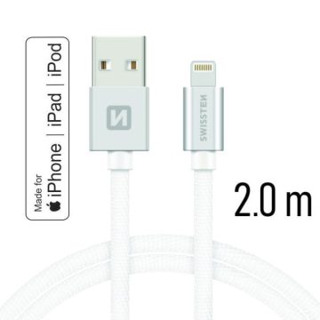   Swissten adat- és töltőkábel textil bevonattal, USB/lightning MFI, 2 m ezüst/fehér