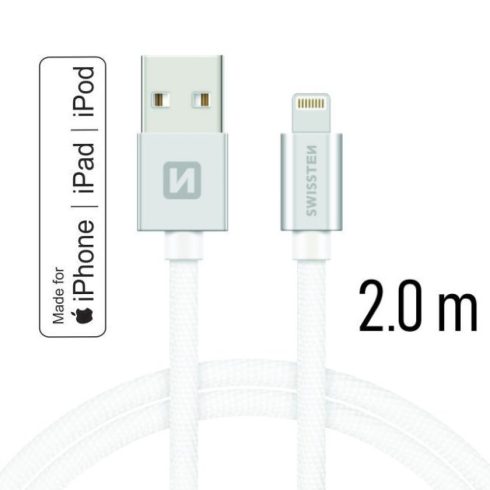 Swissten adat- és töltőkábel textil bevonattal, USB/lightning MFI, 2 m ezüst/fehér