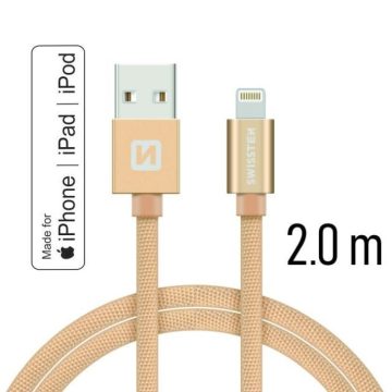   Swissten adat- és töltőkábel textil bevonattal, USB/lightning MFI, 2 m arany