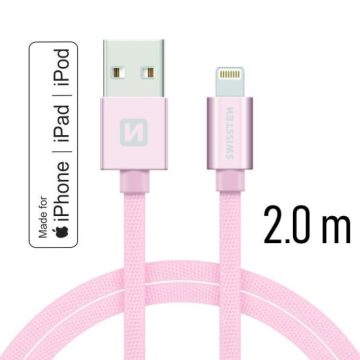   Swissten adat- és töltőkábel textil bevonattal, USB/lightning MFI, 2 m rozé arany