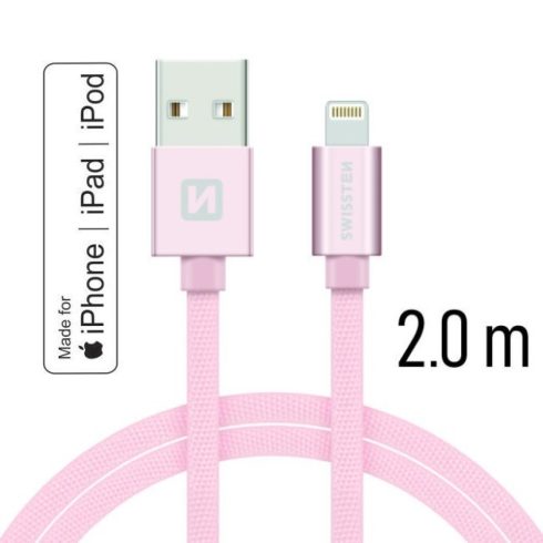 Swissten adat- és töltőkábel textil bevonattal, USB/lightning MFI, 2 m rozé arany