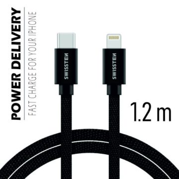   Swissten adat- és töltőkábel textil bevonattal, USB-C/lightning, Power Delivery, 1,2 m fekete