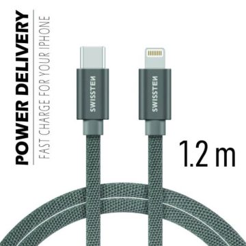   Swissten adat- és töltőkábel textil bevonattal, USB-C/lightning, Power Delivery, 1,2 m szürke