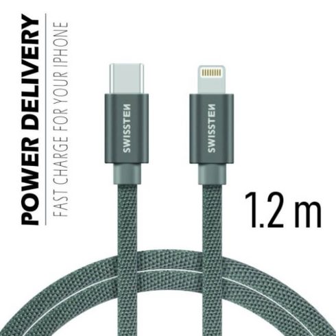 Swissten adat- és töltőkábel textil bevonattal, USB-C/lightning, Power Delivery, 1,2 m szürke