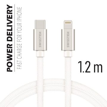   Swissten adat- és töltőkábel textil bevonattal, USB-C/lightning, 1,2 m ezüst/fehér