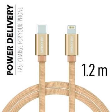   Swissten adat- és töltőkábel textil bevonattal, USB-C/lightning, Power Delivery, 1,2 m arany