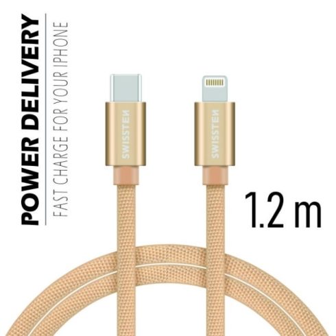 Swissten adat- és töltőkábel textil bevonattal, USB-C/lightning, Power Delivery, 1,2 m arany