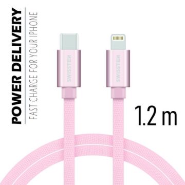   Swissten adat- és töltőkábel textil bevonattal, USB-C/lightning, Power Delivery, 1,2 m rozé arany