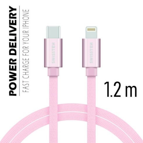 Swissten adat- és töltőkábel textil bevonattal, USB-C/lightning, Power Delivery, 1,2 m rozé arany