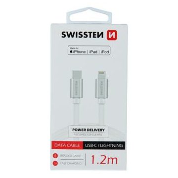   Swissten adatkábel textil bevonattal, USB-C/lightning MFI, 1,2 m fehér