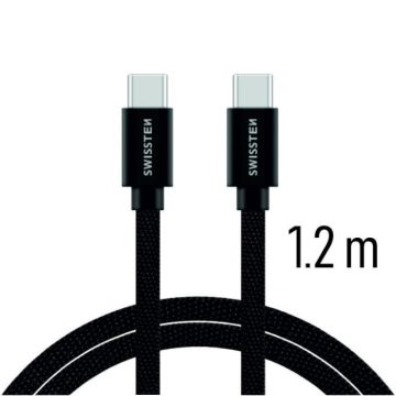   Swissten adat- és töltőkábel textil bevonattal, USB-C/USB-C 1,2 m fekete