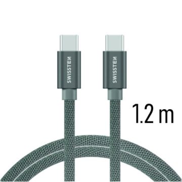   Swissten adat- és töltőkábel textil bevonattal, USB-C/USB-C 1,2 m szürke