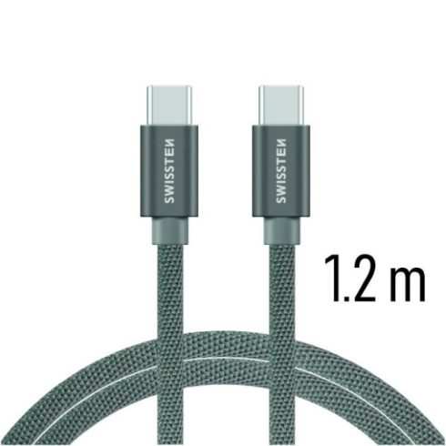 Swissten adat- és töltőkábel textil bevonattal, USB-C/USB-C 1,2 m szürke