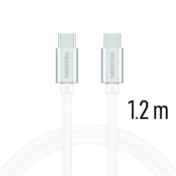   Swissten adat- és töltőkábel textil bevonattal, USB-C/USB-C 1,2 m ezüst/fehér