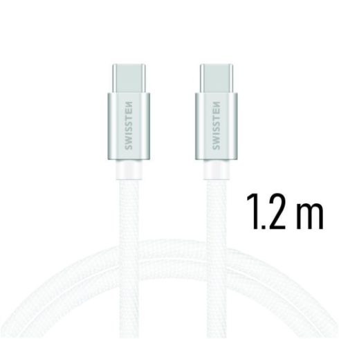 Swissten adat- és töltőkábel textil bevonattal, USB-C/USB-C 1,2 m ezüst/fehér