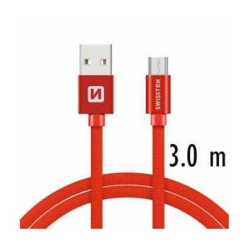   Swissten adat- és töltőkábel textil bevonattal, USB/mikro USB, 3 m piros