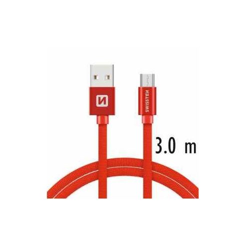 Swissten adat- és töltőkábel textil bevonattal, USB/mikro USB, 3 m piros